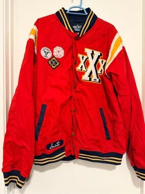 10.Deep Red Varsity Bomber Jacket with Yellow & Navy Trim